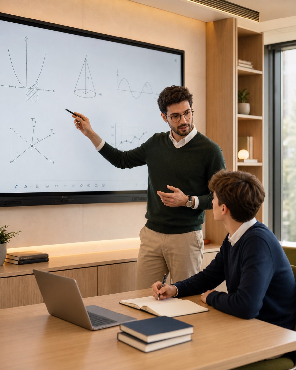 A teacher guiding one student through a lesson on an interactive digital board in a modern learning studio